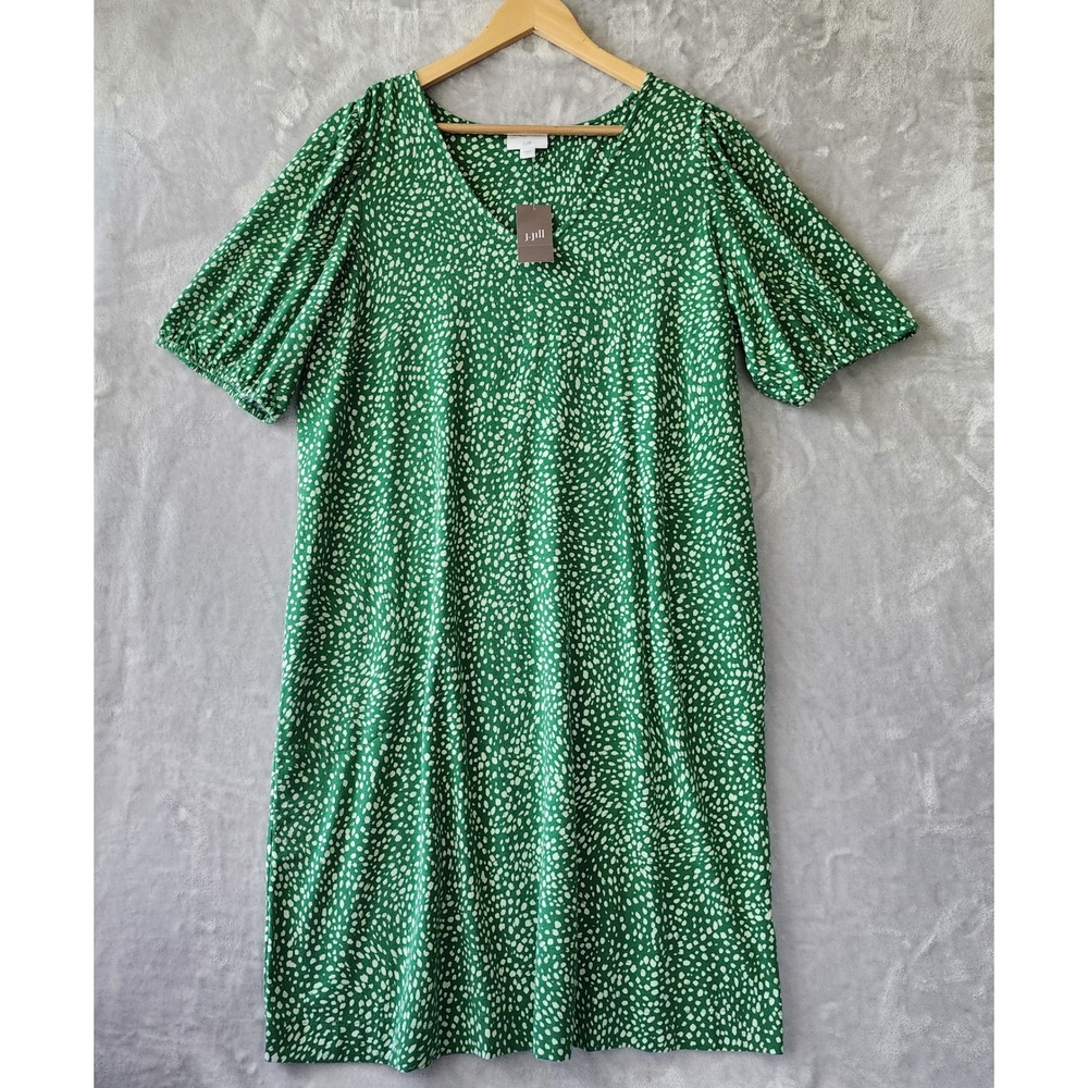 J. Jill Dress Womens Large Green Pebble Print Pockets Puff Sleeve Stretch NWT